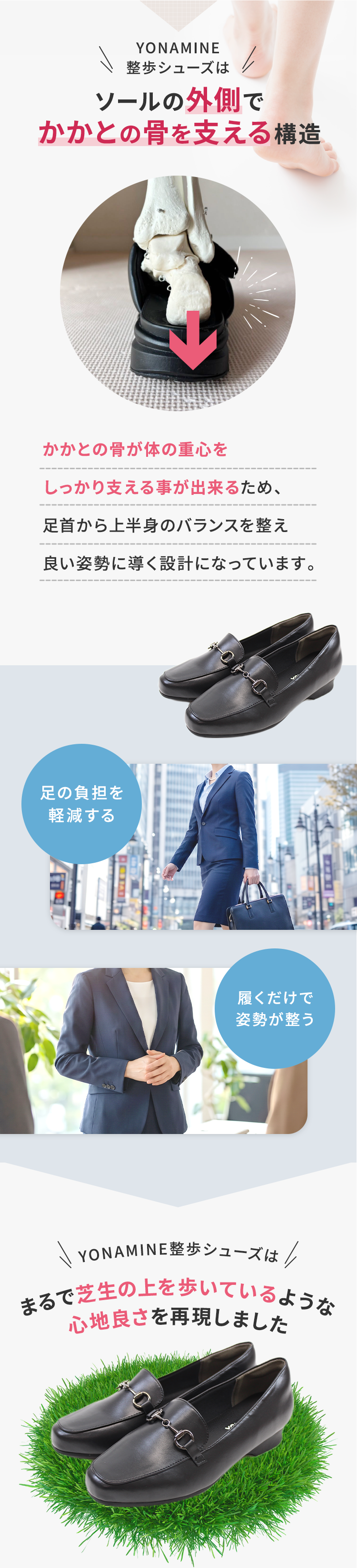 かかとの骨が体の重心をしっかり支える事が出来るため、足首から上半身のバランスを整え良い姿勢に導く設計になっています。