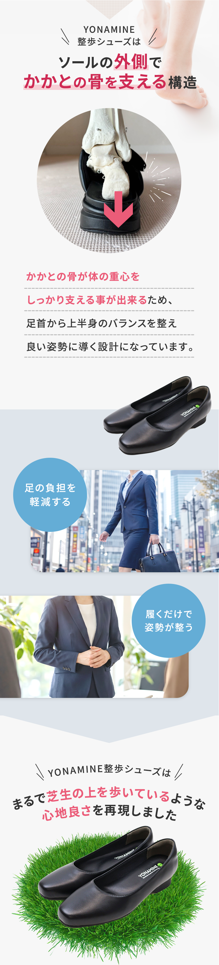 かかとの骨が体の重心をしっかり支える事が出来るため、足首から上半身のバランスを整え良い姿勢に導く設計になっています。