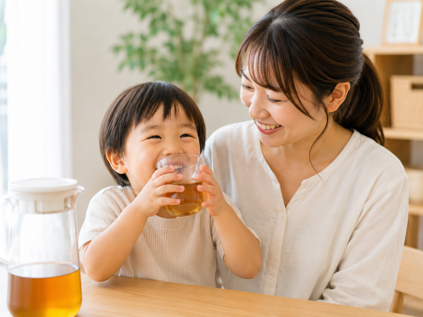 親子で麦茶を飲む姿