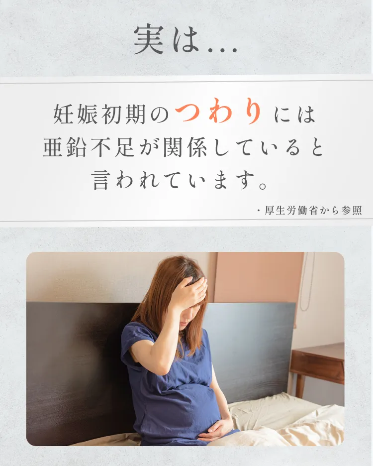 実は...妊娠初期のつわりには亜鉛不足が関係していると言われています。※厚生労働省から参照