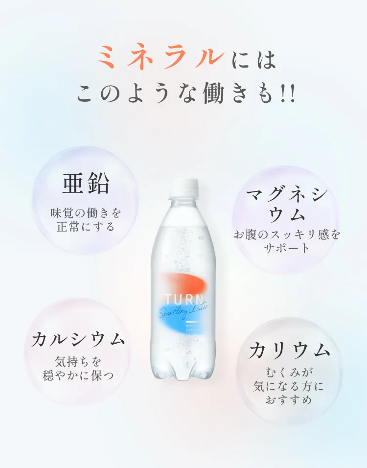ミネラルにはこのような働きも！亜鉛：味覚の働きを正常にする。マグネシウム：お腹のスッキリ感をサポート。カルシウム：気持ちを穏やかに保つ。カリウム：むくみが気になる方におすすめ。