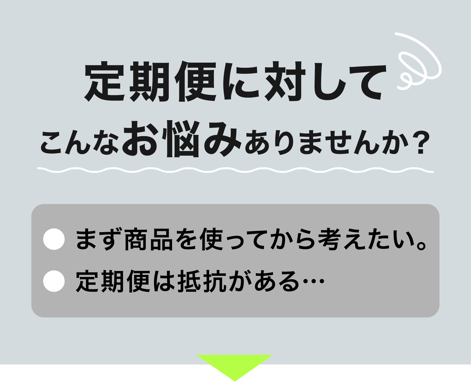 定期便に対してこんなお悩みありませんか？ まず商品を使ってから考えたい 定期便には抵抗がある