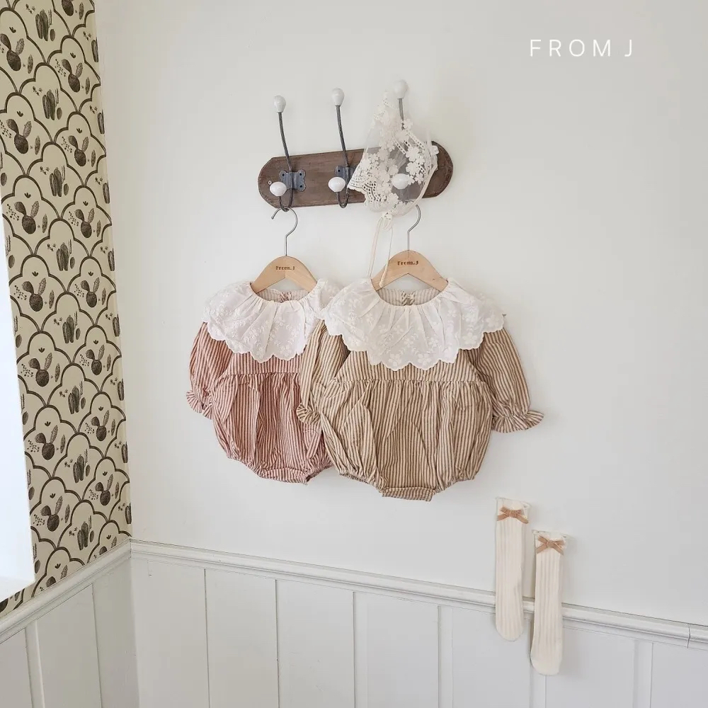 FROM J 襟レース ストライプロンパース S: S, カラー: PK