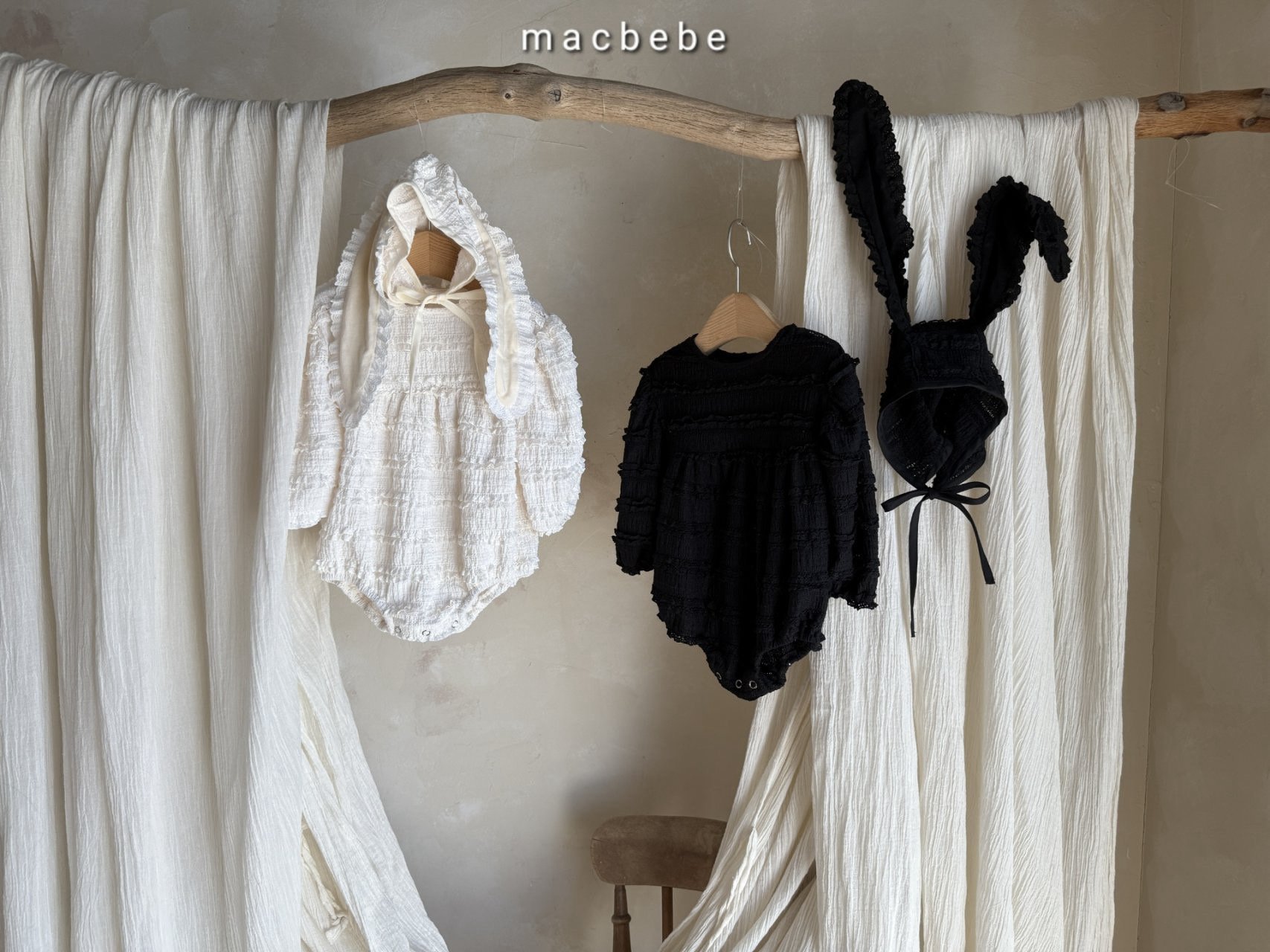 MACbebe うさみみボンネット＆レースロンパース セット S: S