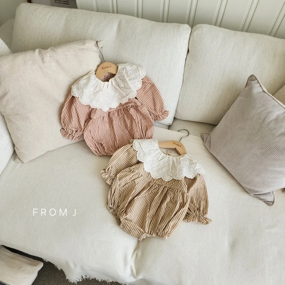 FROM J 襟レース ストライプロンパース S: S, カラー: PK